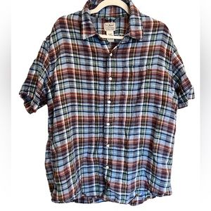 LL Bean Button Down Short Sleeve Shirt 100% Linen Slightly Fit Plaid Size XL